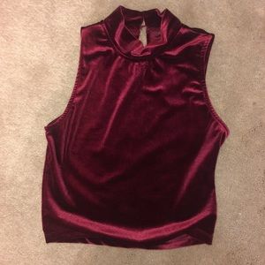 Maroon High Neck Velvet Crop Top